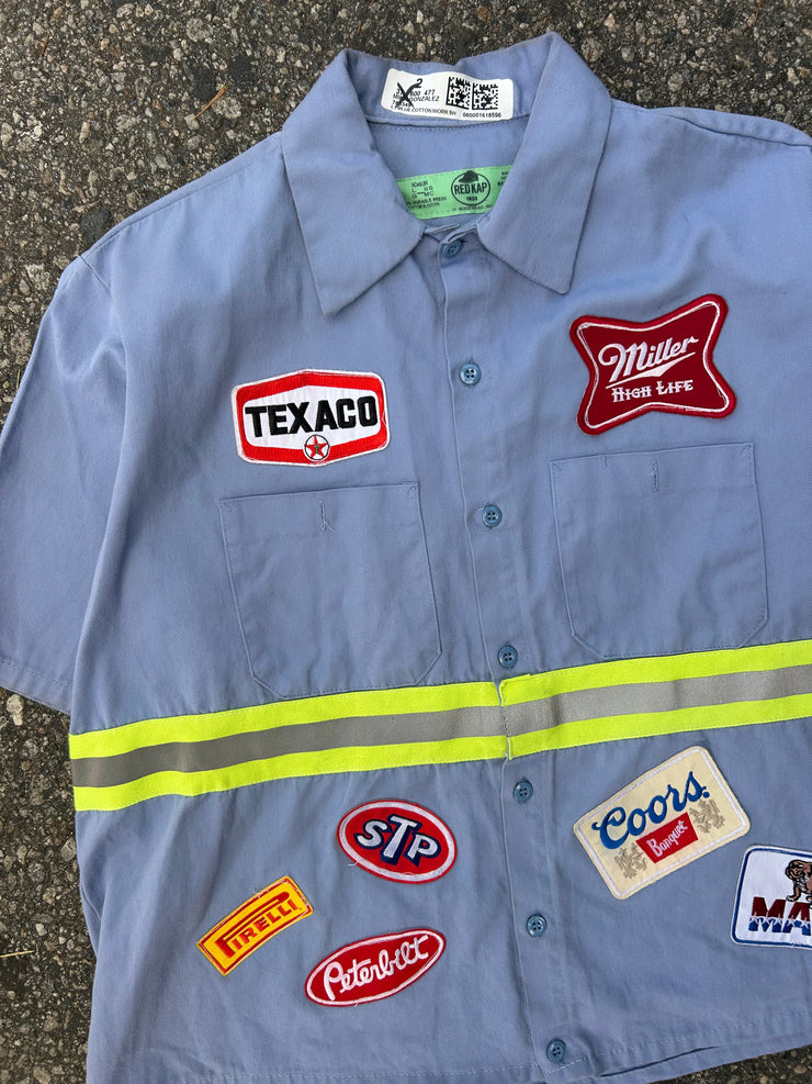 Camino’s Auto Parts Reflective Tape Light Blue Work Shirt Large