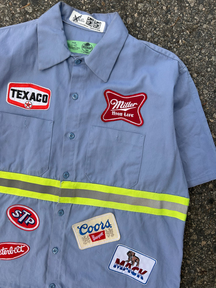 Camino’s Auto Parts Reflective Tape Light Blue Work Shirt Large