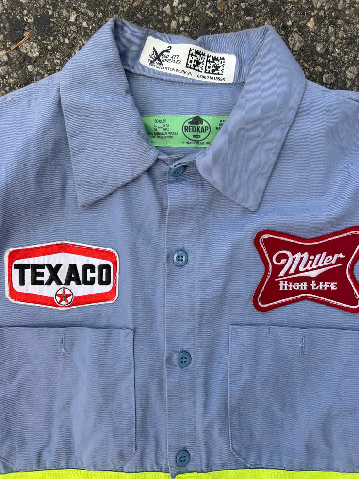 Camino’s Auto Parts Reflective Tape Light Blue Work Shirt Large